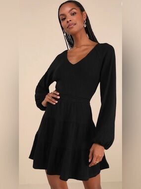 Lulus Ribbed Knit Adorable Option Black Long Sleeve Mini Sweater Dress V Neck